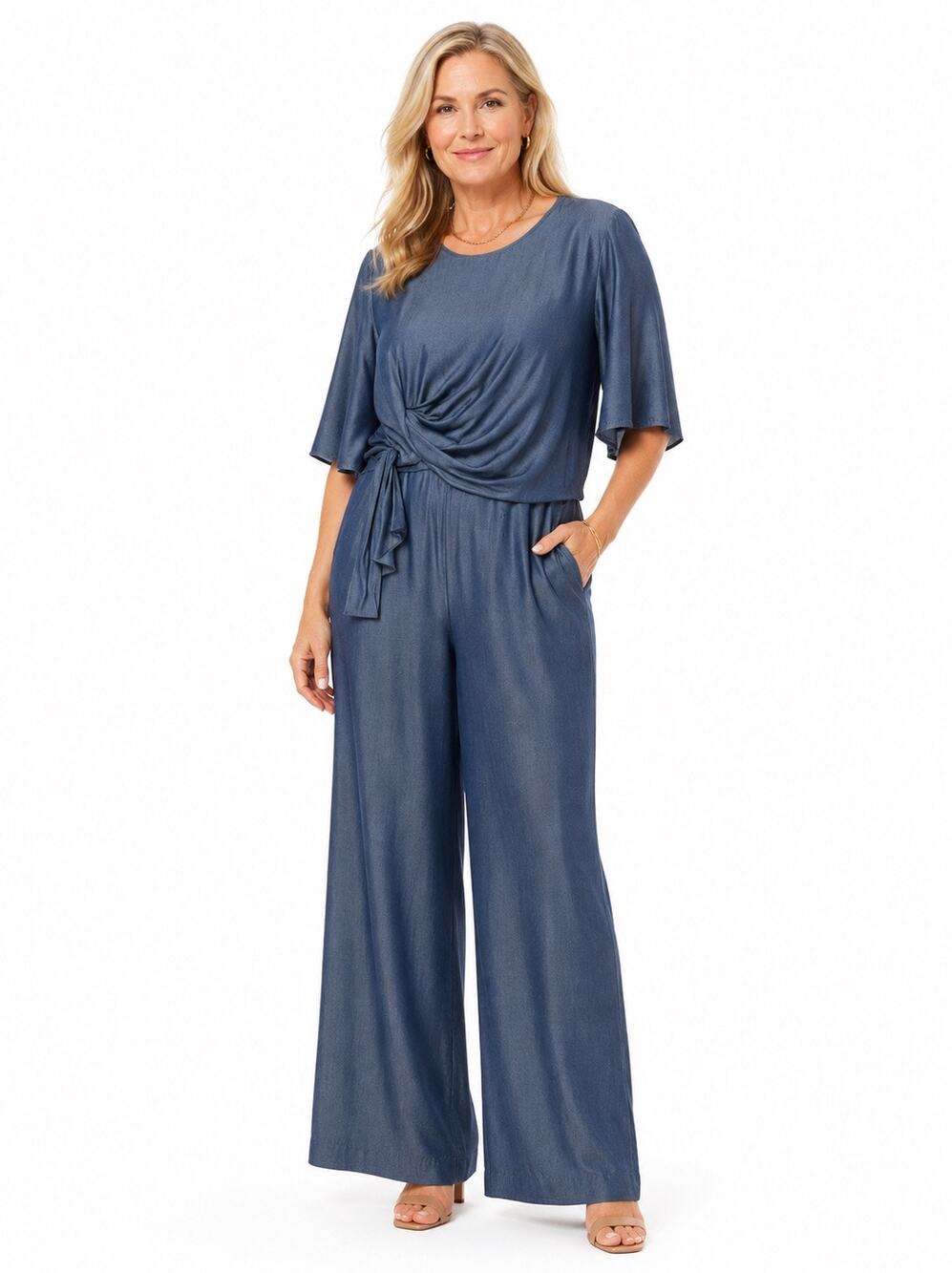 NWT The Fold London Blue Lyocell Wrap Style Front Wide-Leg Palermo Jumpsuit 14